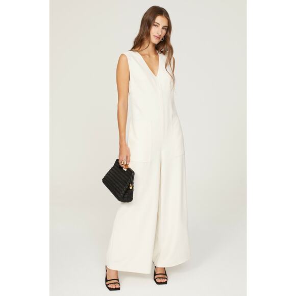 MARINA MOSCONE COLLECTIVE White V-Neck Sleeveless Wide Leg Jumpsuit Size 10 - Picture 1 of 12